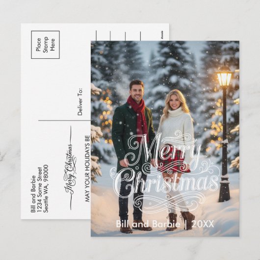 Script Merry Christmas Couples Photo Front シーズンポストカード (正面/裏面)