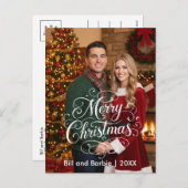 Script Merry Christmas Couples Photo Front シーズンポストカード (正面/裏面)