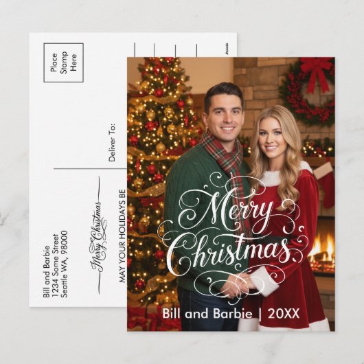Script Merry Christmas Couples Photo Front シーズンポストカード (正面/裏面)