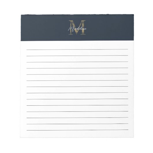 Script Metallic Navy Blue Gold Monogram Lined ノートパッド (正面)