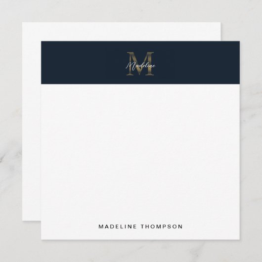 Script Metallic Navy Blue Gold Monogram Square ノートカード (正面/裏面)