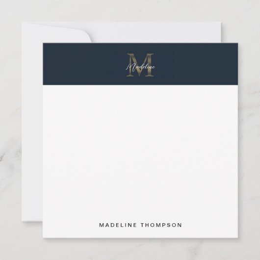 Script Metallic Navy Blue Gold Monogram Square ノートカード (正面)