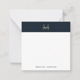 Script Metallic Navy Gold Monogram Square Mini ノートカード