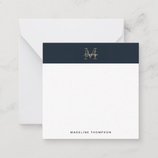 Script Metallic Navy Gold Monogram Square Mini ノートカード (正面)