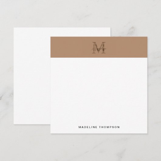 Script Metallic Taupe Gold Monogram Square ノートカード (正面/裏面)