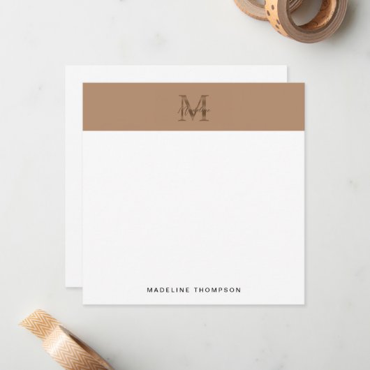 Script Metallic Taupe Gold Monogram Square ノートカード (正面/裏面インサイチュ)