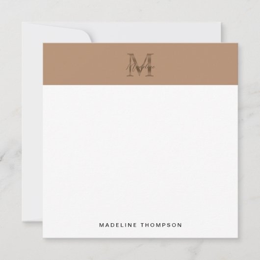 Script Metallic Taupe Gold Monogram Square ノートカード (正面)