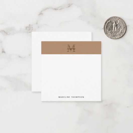 Script Metallic Taupe Gold Monogram Square ノートカード (正面/裏面インサイチュ)