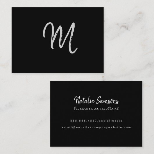 Script Minimalist Monogram on Black 名刺 (正面/裏面)