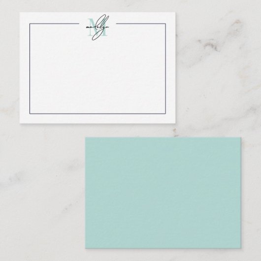 Script Minimalist Teal Blue Name Monogram ノートカード (正面/裏面)