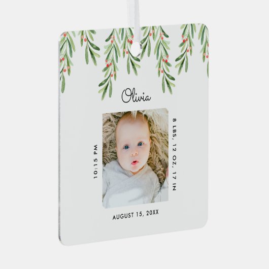 Script Mistletoe素朴フォトベビー初めてのクリスマス メタルオーナメント (正面右)