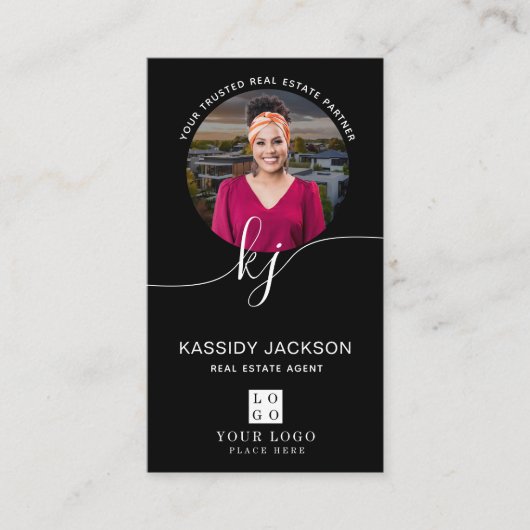 Script Monogram CircleビジネスフォトロゴQRコード 名刺 (正面)