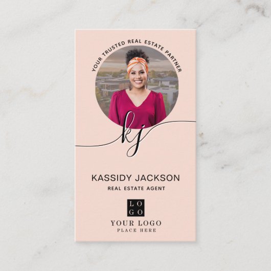 Script Monogram CircleビジネスフォトロゴQRコード 名刺 (正面)