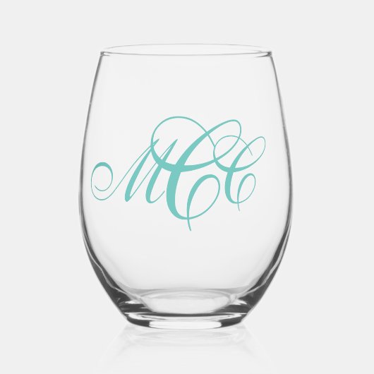 Script Monogram Threeイニシャル ステムなしワイングラス (正面)