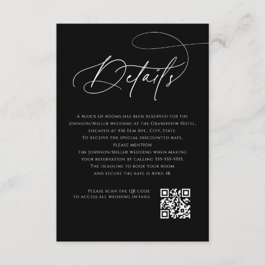 Script Monogram Wedding Details Black QR Code エンクロージャーカード (正面)