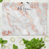 Script Name/Blk Monogram, White & Rose Gold Marble キッチンタオル (折り畳み)