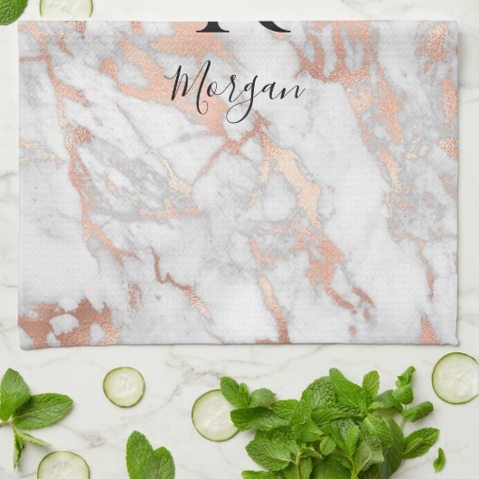 Script Name/Blk Monogram, White & Rose Gold Marble キッチンタオル (折り畳み)