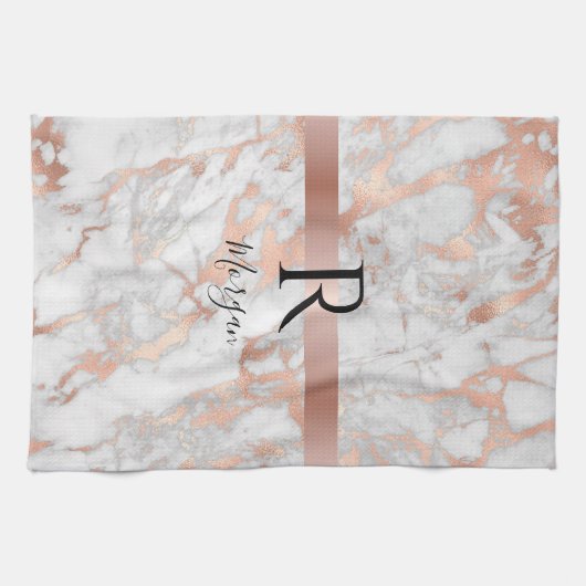Script Name/Blk Monogram, White & Rose Gold Marble キッチンタオル (横)