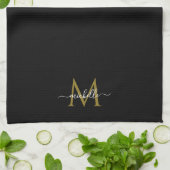 Script Name Elegant Template Black & Gold Monogram キッチンタオル (折り畳み)