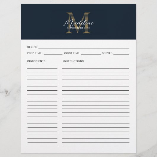 Script Navy Blue Metallic Gold Monogram Recipe (正面)