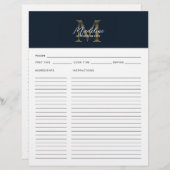 Script Navy Blue Metallic Gold Monogram Recipe (正面/裏面)
