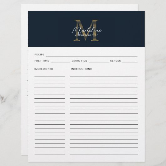 Script Navy Blue Metallic Gold Monogram Recipe (正面/裏面)