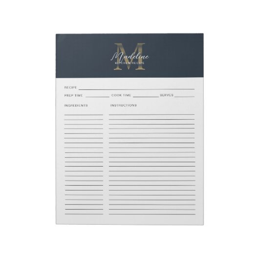 Script Navy Blue Metallic Gold Monogram Recipe ノートパッド (回転)