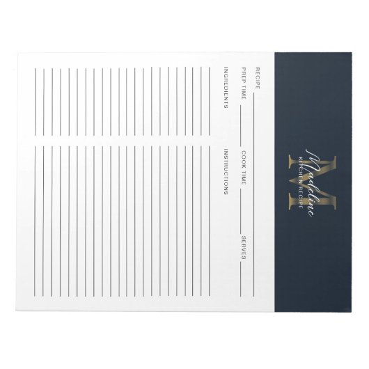 Script Navy Blue Metallic Gold Monogram Recipe ノートパッド (正面)