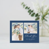 Script Navy Blue Two Photo 結婚's Thank You ポストカード (スタンド正面)