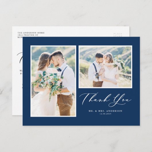 Script Navy Blue Two Photo 結婚's Thank You ポストカード (正面/裏面)