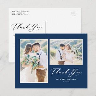 Script Navy Blue Two Photo 結婚's Thank You ポストカード