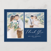 Script Navy Blue Two Photo 結婚's Thank You ポストカード (正面)