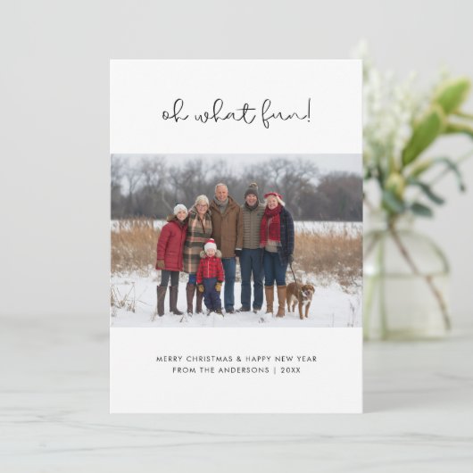Script Oh Whatおもしろいクリスマスファミリーフォトブルー シーズンカード (スタンド正面)