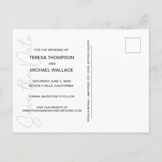 Script Photoモダン婚約日付の保存 ポストカード (裏面)