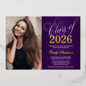 Script Purple 2025写真卒業パーティー金ゴールド 箔招待状 (正面)