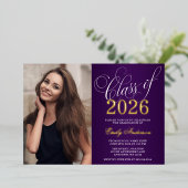 Script Purple 2025写真卒業パーティー金ゴールド 箔招待状 (立ち正面)