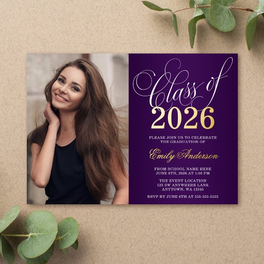 Script Purple 2025写真卒業パーティー金ゴールド 箔招待状