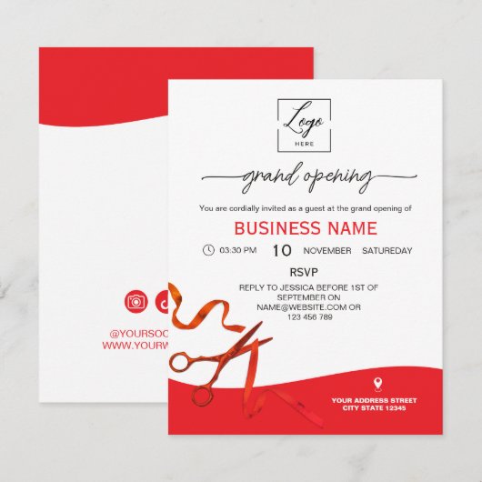 Script Red Ribbon Cutting Grand Opening Invitation 招待状 (正面/裏面)