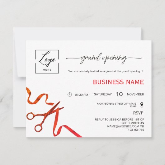Script Red Ribbon Cutting Grand Opening Invitation 招待状 (正面)