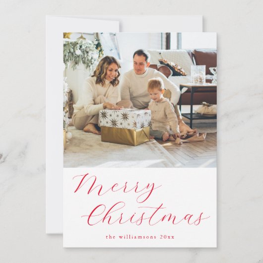 Script Red Simple Merry Christmas Photo Letter シーズンカード (正面)