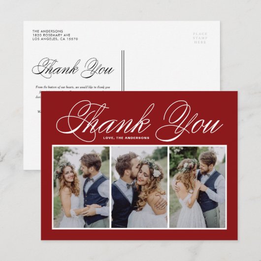 Script Red Three Photo Collage'結婚s Thank You ポストカード (正面/裏面)