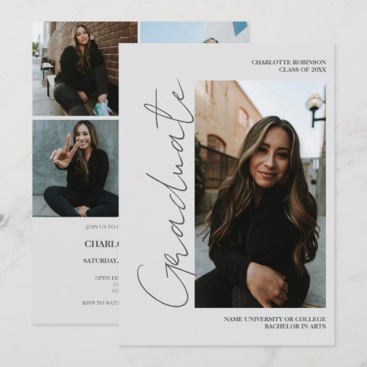 Script retro gray graduate photo graduation 招待状 (正面/裏面)