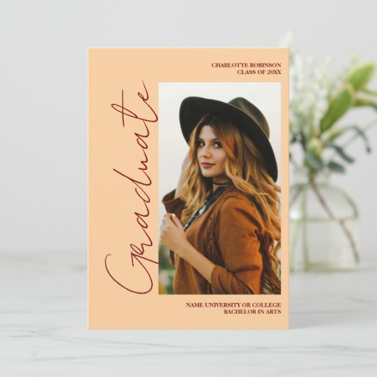 Script retro Light Peach graduate photo graduation 招待状 (スタンド正面)