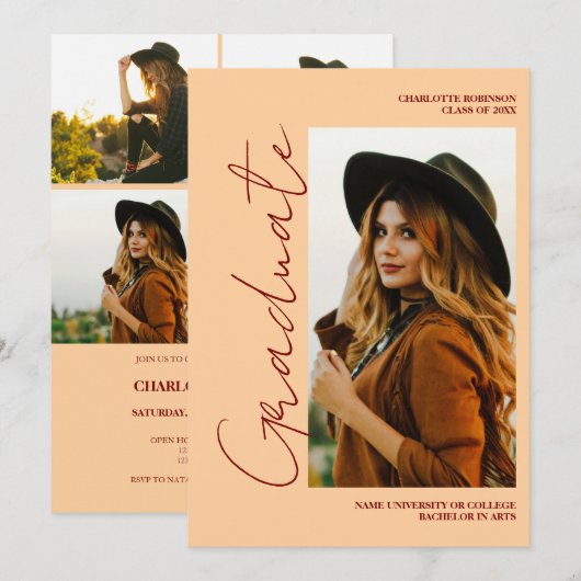 Script retro Light Peach graduate photo graduation 招待状 (正面/裏面)