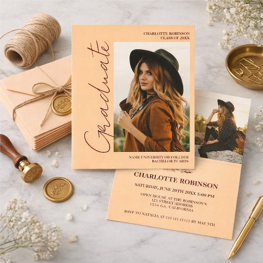 Script retro Light Peach graduate photo graduation 招待状