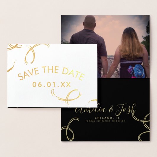 Script Save the Date Photo フェイク Swirl Black金ゴールド 箔カード (ディスプレー)