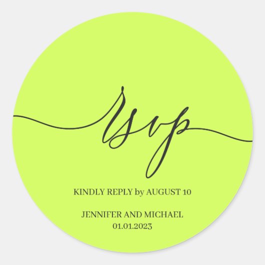 Script Signature Elegant Wedding RSVP Cyber Lime ラウンドシール (正面)