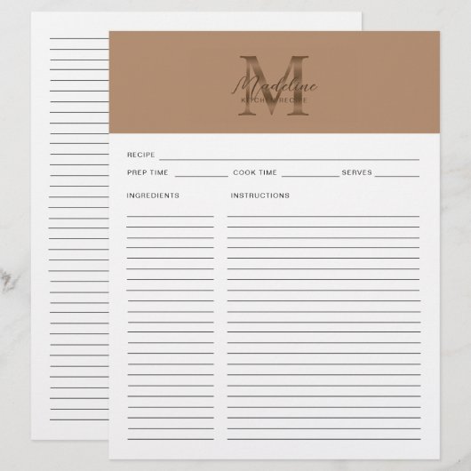 Script Taupe Metallic Gold Monogram Recipe (正面/裏面)