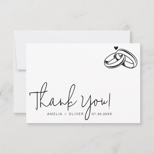 Script Typography Couple Rings Modern Wedding サンキューカード (正面)