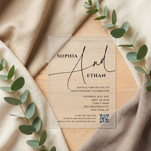 Script Typography Minimalist QR Code Wedding アクリル招待状